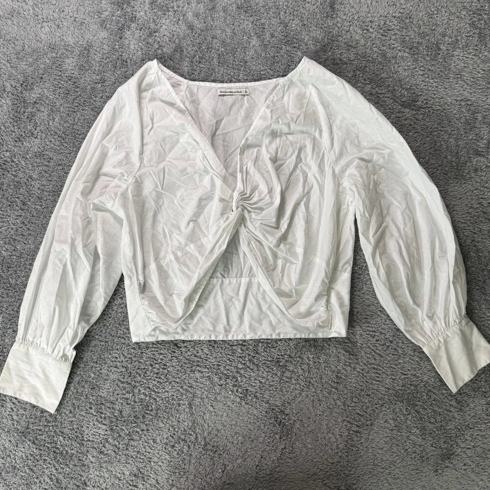 Abercrombie Womens Twist Front Blouse XS White Cotton Puff Long Sleeve